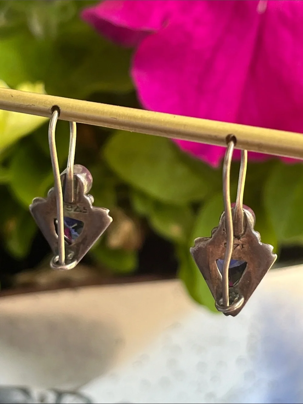 Sterling Silver Iolite & Amethyst Triangular Drop Earrings Vintage